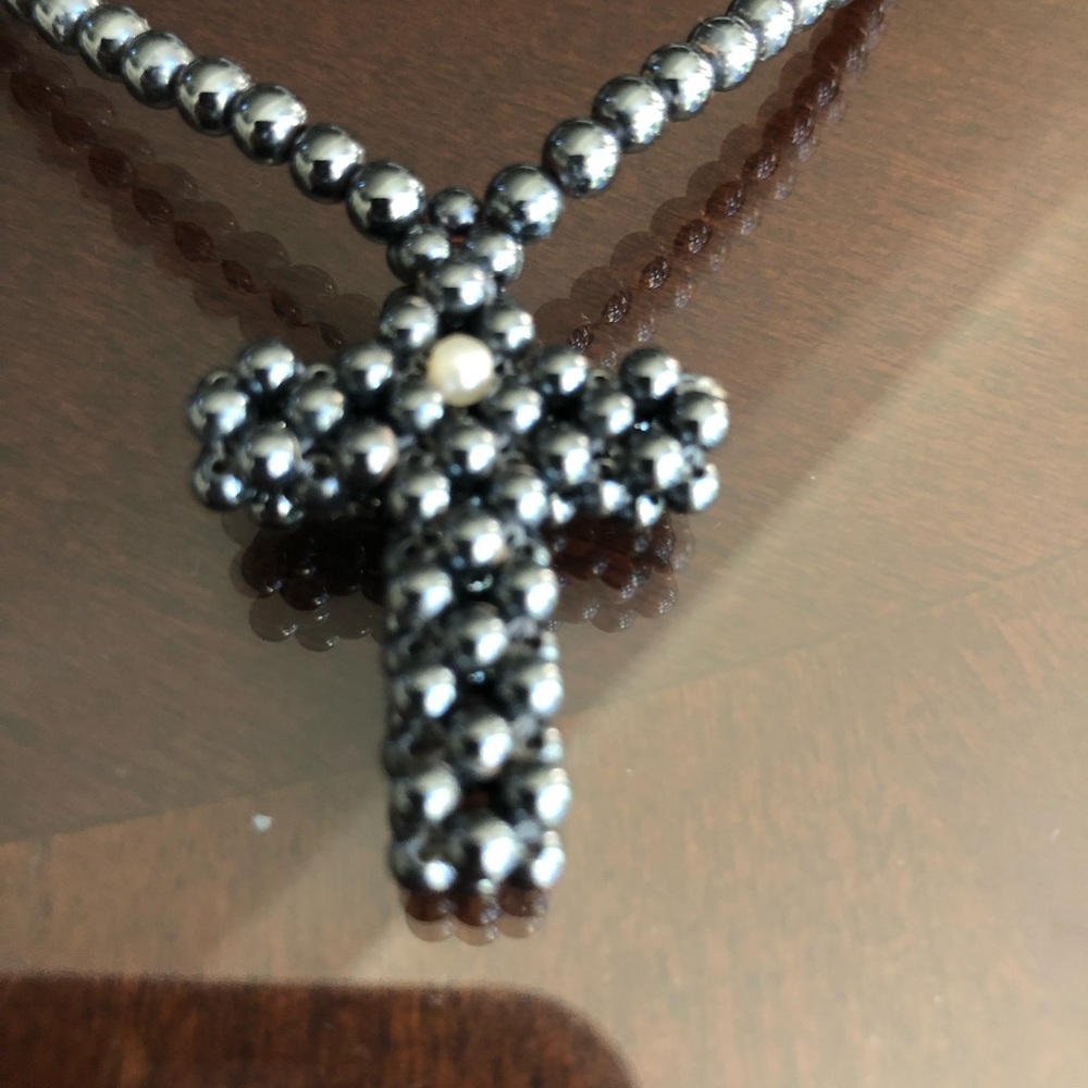 Grey Beaded Cross Necklace